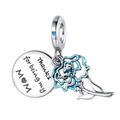 Macro detail of MOM charm with blue enamel flower and Thanks for being my MOM engraving - Thanks for Being My MOM Floral Style (DUT275-B)