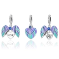 Silver angel wing heart charm with blue enamel and LOVE engraving for Mother's Day gift - Angel Wings LOVE Openable Style (CCT471)