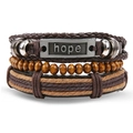 Men's multilayer leather bracelet set with brown braided rope and Hope metal charm - Hope Engraved Plate Style (HS1598-38)