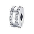Detailed macro view of silver-plated DIY clip charm with sparkling clear zircon accents - Pave Zirconia Stopper Clip (CUT333-S)