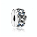 Macro shot of silver charm with hollow stars and blue zircons for DIY bracelets - Dreamy Starry Sky Ring Charm (DUT291-A)