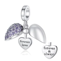 Silver heart wing charm with purple stones and Forever Love engraving for bracelets - Purple Heart Locket Style (PST792-2F)