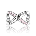 Detail of silver infinity charm featuring Forever Family engraving and pink gemstones - Forever Family Infinity (CCT971)