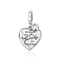 Macro detail of silver heart charm with pink gemstone and friends engraved quote - Friends Are the Family You Choose Heart Style (CCT1050-F)