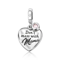 Silver heart charm with Don't mess with Mama lettering and pink cubic zirconia - Don't Mess with Mama Heart Style (CCT1050-M)