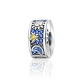 Detail of silver sun and moon charm bead with S925 engraving and colorful cubic zirconia - Sun Star Moon Hollow Ring Charm (CCT622)