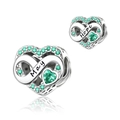 Detail of silver heart charms with infinity symbol, green stones and Hope engraving - May-Hope (DUT19-5)