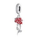 Detailed macro view of S925 silver red rose charm with sparkling cubic zirconia inlay - Red Rose Silver Stem (CCT431)