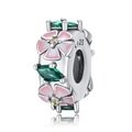 Macro detail of S925 silver charm with pink enamel flowers and green gemstone accents - Pink Enamel Floral Style (CCT441)