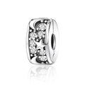 Close-up of silver star and moon charm bead with clear cubic zirconia stones - Star Moon Hollow Bead (CCT639)