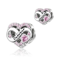 Macro view of silver heart charms with pink stones and October Healing engravings - October-Healing (DUT19-10)