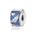 Silver clip charm with blue zircon stones, heart and leaf design for DIY bracelets - Deep Blue Heart Leaf Clip (CCT681)