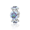 Detailed view of S925 silver flower charm with blue enamel and colorful rhinestones - Blue-Purple Enamel Floral Style (CCT528)