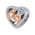 Detail of silver heart charm with rose gold baby footprints and sparkling zirconia - Hollow Heart Pair of Baby Footprints (CCT042)