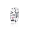 Detailed view of silver charm with LOVE engraving and pink gemstone inlay - Pink Stone LOVE Letter Style (CCT550)