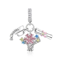 Detailed S925 silver graduation charm with mortarboard, pink flower bouquet and scroll - Graduation Hat Bouquet (CCT621)