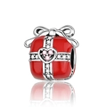 Detail of red enamel gift box charm with silver bow and sparkling zircon heart - Red Gift Box Style (CCT969)