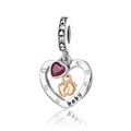 Detailed view of silver heart charm featuring red gem, gold baby feet, and baby engraving - Hollow Heart Dark Red Gem Baby Feet (CCT580)