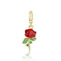 Close-up of red enamel rose flower charm with green zircons and gold plating detail - Red Rose Gold Stem (CCT784)