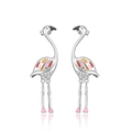 Detailed close-up of flamingo earrings with colorful enamel and zircon stones - Dangling Style / Silver Flamingo (CUE201-A)