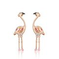 Detail of rose gold flamingo earrings with colorful enamel wings and sparkling zircon stones - Dangling Style / Rose Gold Flamingo (CUE201-B)