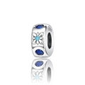 Macro detail of S925 silver charm bead featuring blue gemstones and floral relief - Blue Flower Style (CCT751)
