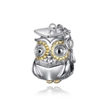 Detail of silver owl pendant wearing a graduation cap with gold tassel and flower eyes - Graduation Owl (CCT039)