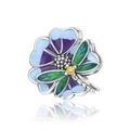 Detail view of silver dragonfly charm with purple enamel petals and green wings - Blue Purple Flower Dragonfly (CCT526)