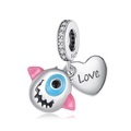 Pendentif tasse à café en argent avec tête de monstre bleu et cœur gravé Love - Style Monstre Bleu Plaque Love (CCT421)