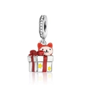 Silver Christmas cat charm in gift box with red hat and sparkling zircon ring - Cat in Gift Box Style (CCT984)