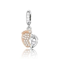 Silver and rose gold baby footprint charm with heart zircon and sparkling S925 engraving - Two Tone Rhinestone Baby Feet (CCT768)