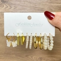 Lot de 6 paires de boucles d'oreilles dorées avec perles et pendentifs papillon - Ensemble de 6 Paires Papillon Blanc Perles Artificielles (HS529-13)