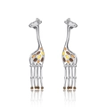 Detailed silver giraffe earrings featuring colorful enamel patterns and long metal tassels - Dangling Style / Silver Giraffe (CUE202-A)
