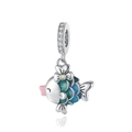 Detailed view of a silver fish pendant with blue enamel scales and sparkling zircon inlay - Gradient Small Fish Style (CCT349)