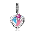 Detail of silver heart charm with baby footprints and 'you mean the world to me' engraving - Hollow Heart Pink and Blue Baby Footprints (CCT1152)