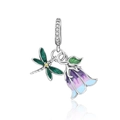 Silver dragonfly and lily of the valley charm with green enamel and crystals - Purple Dragonfly Lily Of The Valley (CCT605)