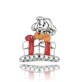 Detailed view of silver charm girl in gift box with red enamel and white zircon stones - Girl in Gift Box Style (CCT986)