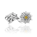 Detailed macro view of silver insect series ring with leaf and yellow gemstone flower - Leaf Daisy Open Ring (CCT629)