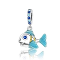 Macro detail of S925 sterling silver fish charm with blue gems and enamel fins - Blue Rhinestone Fish (CCT735)