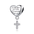 Silbernes Herz-Charm mit I Love You Spruch und Zirkonia Kreuz-Anhänger für Halsketten - Liebe Dich Bis Zum Mond Herz Kreuz (CCT061)