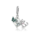 Silver cat charm with rectangular clear zircon and green butterfly pendant on white base - Rectangular Zirconia Climbing Cat Style (CCT1159)