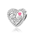 Abalorio de corazón plateado con relieve de madre e hijo, circonitas y corazón rosa - Abalorio de Corazón de Madre e Hijo (CCT694)