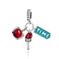 Silver bead pendant with red gemstone, flame charm, and teal TIME tag on white background - Time Theme Triple Pendant (CCT514)
