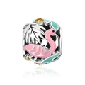 Macro shot of silver tropical flamingo charm with pink enamel and palm leaf details - Flamingo Shape (CCT1149)