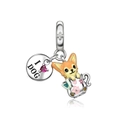 Silver animal charm with Corgi in teacup and I Heart Dog pendant with pink stones - Cartoon Corgi in Tea Cup I Love Dog Style (CCT1169)