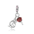 Silver pendant charm with pink zircon ring, yellow dress, and red enamel rose motifs - Princess Dress & Rose Pendant (CCT1287)