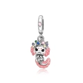 Macro detail of silver axolotl charm with pink enamel and colorful zircon stones - Pink Axolotl with Flower Wreath Style (CCT1209)