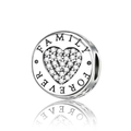 Macro view of silver heart charm with cubic zirconia and Family Forever engraving - Round Rhinestone Family Forever (CCT726)
