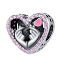 Detail of silver heart charm with pink zircon stones and hollowed hand heart gesture - Hollow Heart Gesture (CCT231)