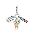 Macro detail of S925 silver movie ticket, popcorn and 3D glasses charm set - Movie Ticket Popcorn Movie Charm (CCT567)
